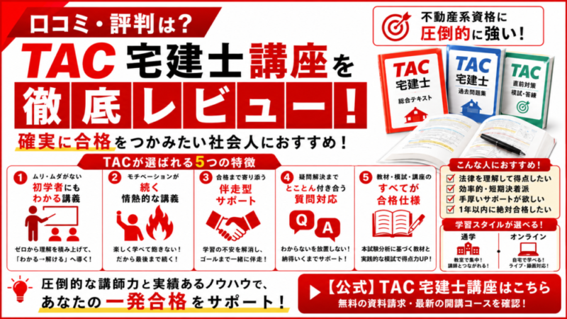 【口コミ・評判は？】TAC宅建士講座を徹底レビュー｜確実に合格をつかみたい社会人におすすめ！ 